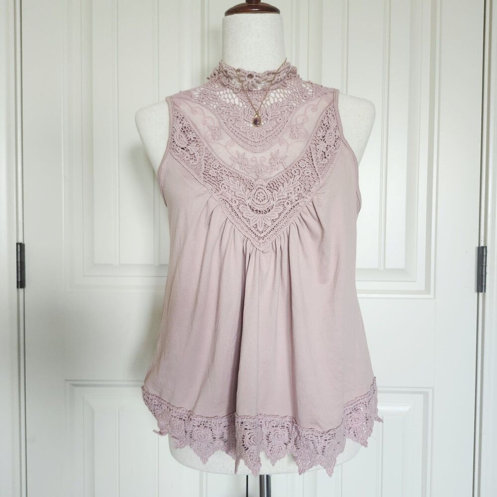 Stella Tweed Dusty Pink Crochet Sleeveless Blouse Size S